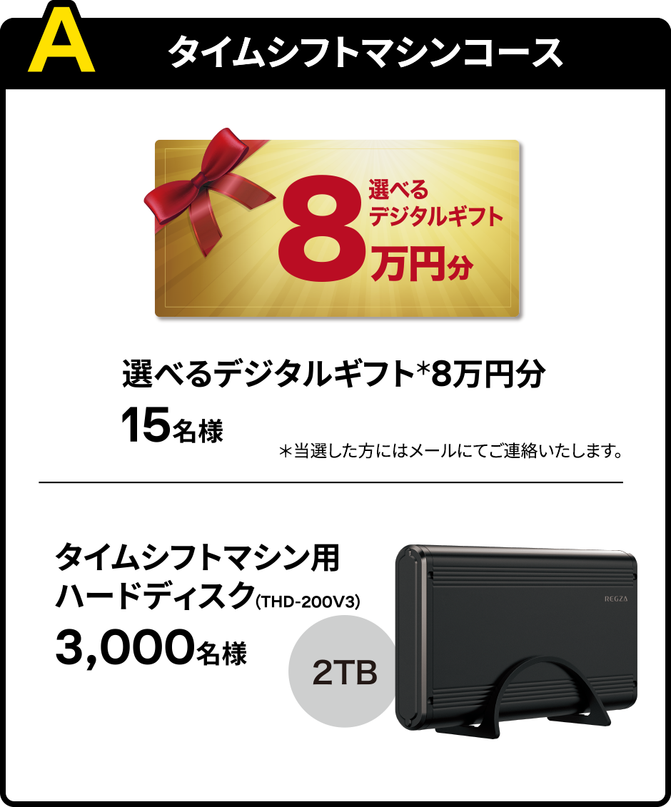 【A タイムシフトマシンコース】 選べるデジタルギフト 8万円分 15名様 / タイムシフトマシン用ハードディスク(THD-200V3) 3,000名様