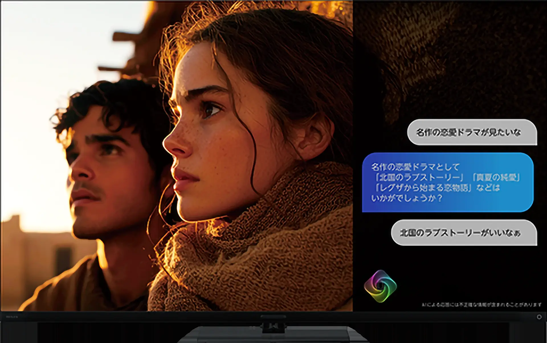 レグザAIボイスナビのチャット画面。「名作の恋愛ドラマが見たいな」という会話から番組を提案している