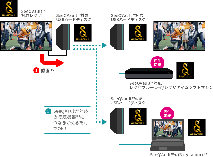 「録画したSeeQVault™対応USBハードディスクをSeeQVault™対応の接続機器」 イメージ