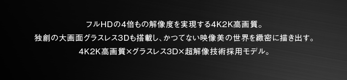 フルHDの4倍もの解像度を実現する4K2K高画質。独創の大画面グラスレス3Dも搭載し、かつてない映像美の世界を緻密に描き出す。4K2K高画質×グラスレス3D×超解像技術採用モデル。
