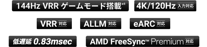144Hz VRR ゲームモード搭載*5 / 4K/120Hz 入力対応 / VRR 対応 / ALLM 対応 / eARC 対応 / 低遅延 0.83msec / AMD FreeSync™ Premium 対応