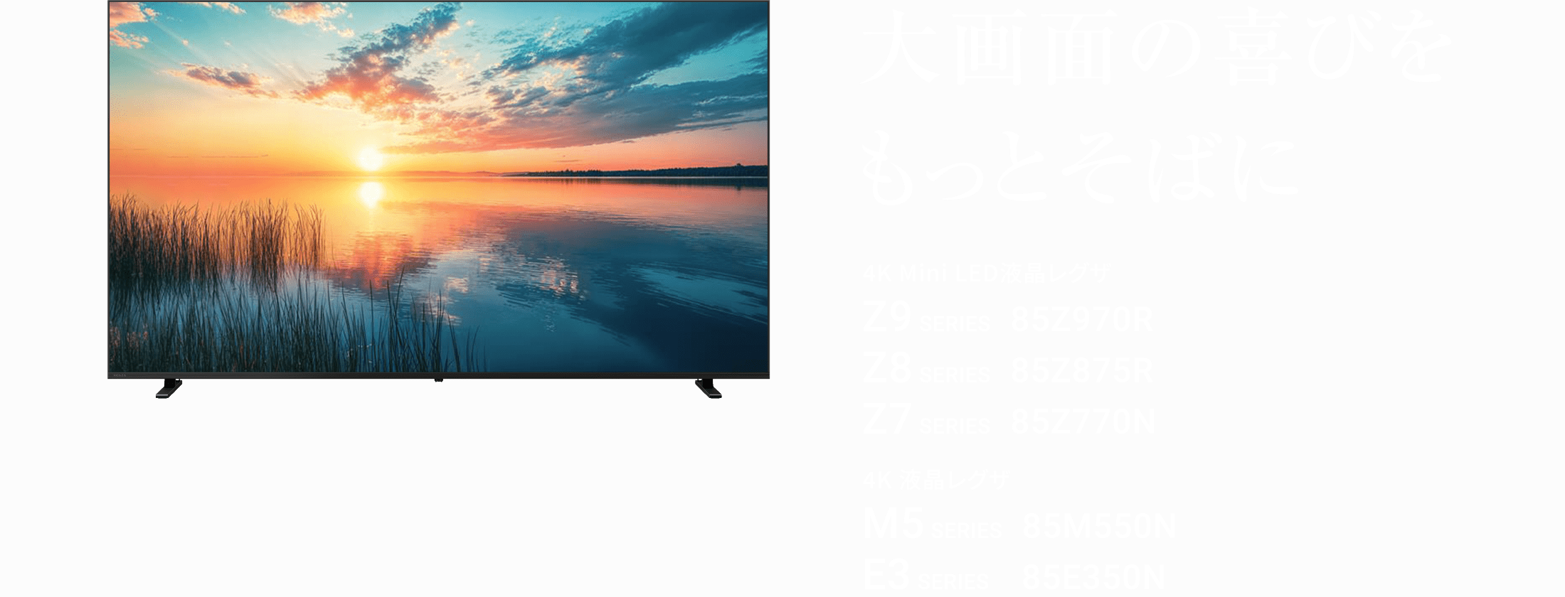 大画面の喜びをもっとそばに 4K Mini LED液晶レグザ Z9 SERIES 85Z970R Z8 SERIES 85Z875R Z7 SERIES 85Z770N 4K 液晶レグザ M5 SERIES 85M550N E3 SERIES 85E350N